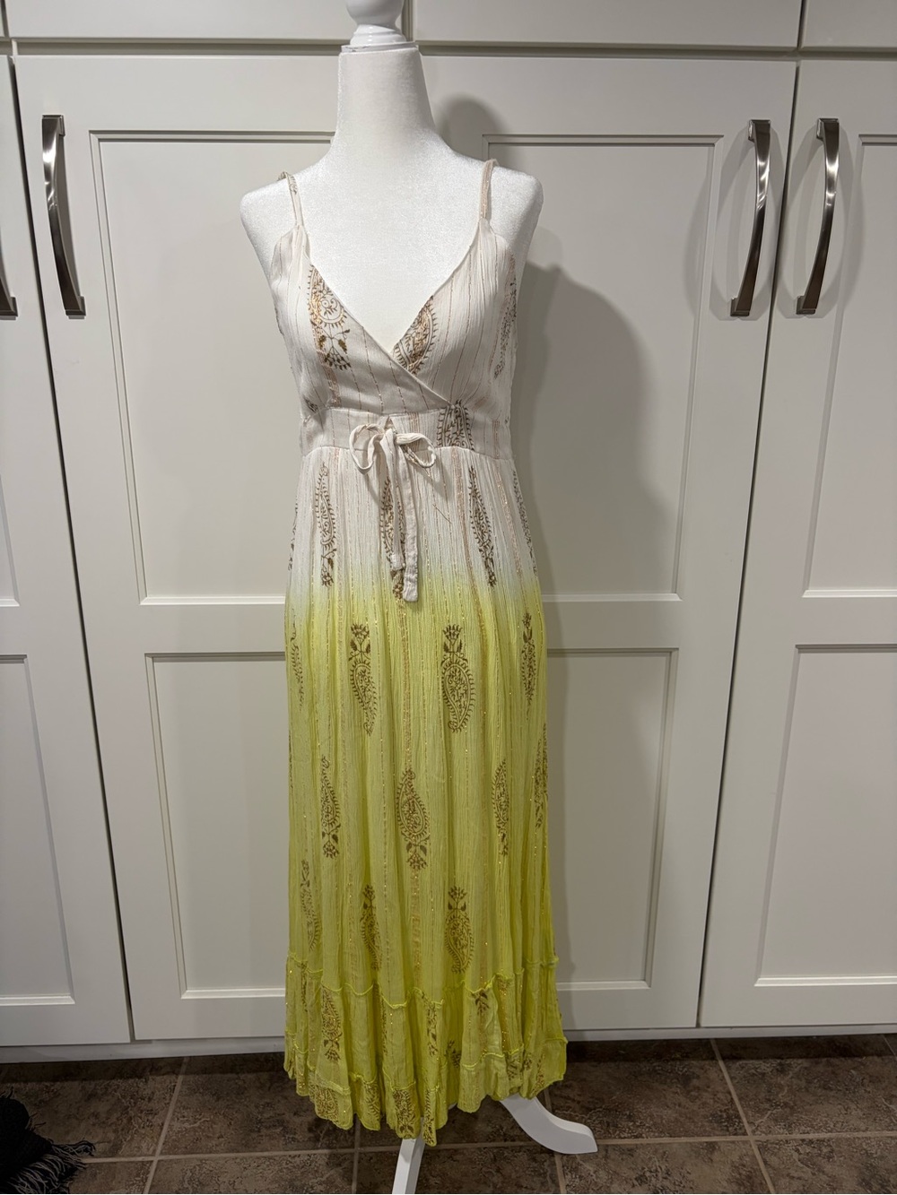 Jessica Taylor Bohemian White to Yellow Ombre Maxi Dress with Metallic Paisley